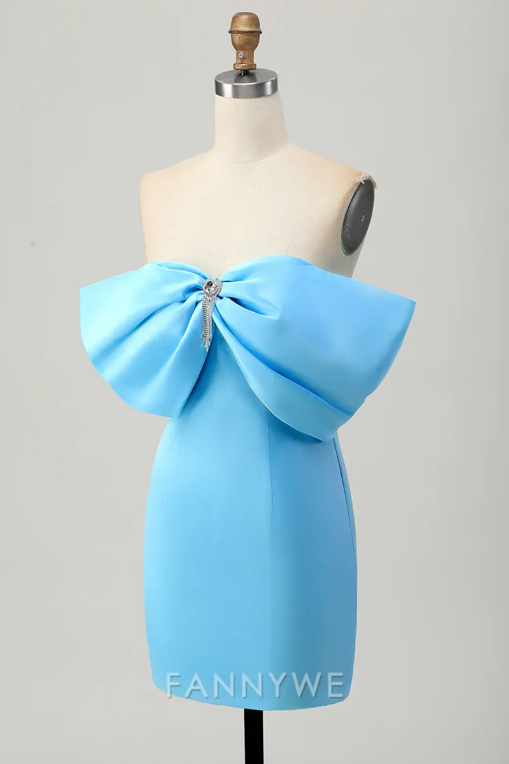 FannyWe Elegant Sparkly Blue Tight Satin Off the Shoulder Short Homecoming Dress with Bow formal wear dresses