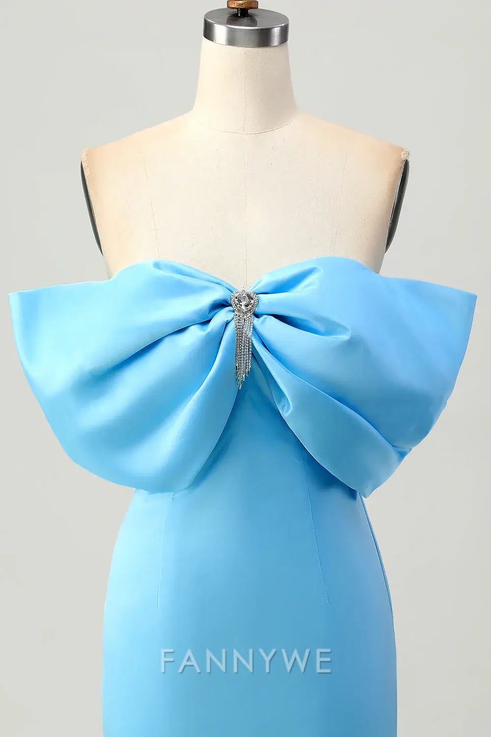 FannyWe Elegant Sparkly Blue Tight Satin Off the Shoulder Short Homecoming Dress with Bow formal wear dresses
