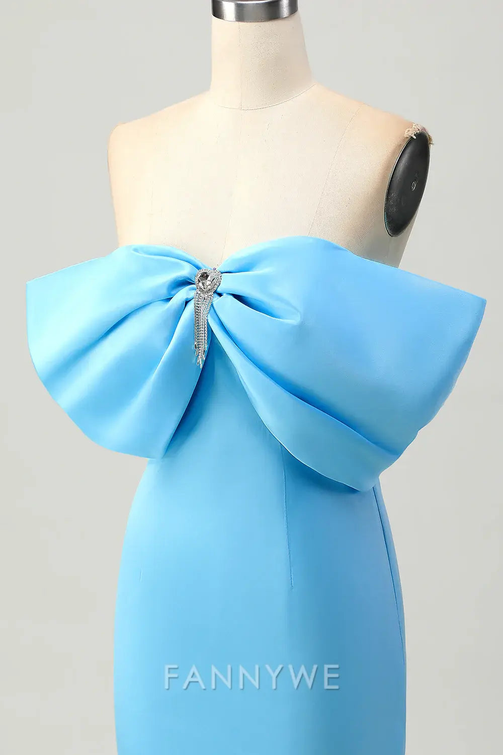 FannyWe Elegant Sparkly Blue Tight Satin Off the Shoulder Short Homecoming Dress with Bow formal wear dresses