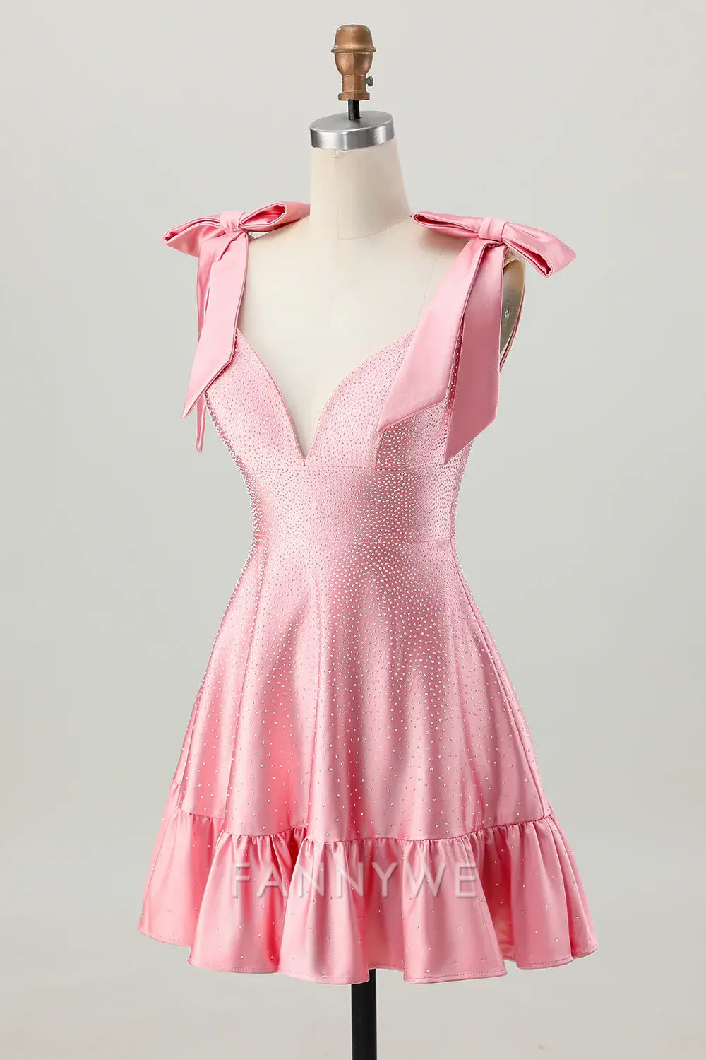 FannyWe Elegant Sparkly Blush Pink A Line Satin Short Beaded Homecoming Dress with Bow