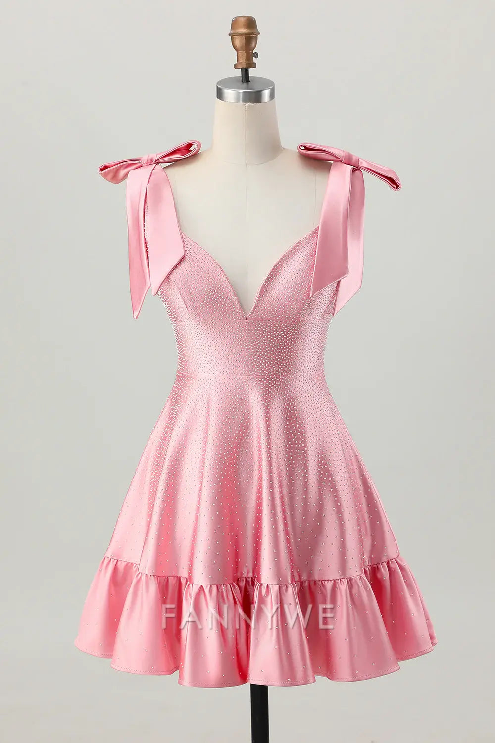 FannyWe Elegant Sparkly Blush Pink A Line Satin Short Beaded Homecoming Dress with Bow
