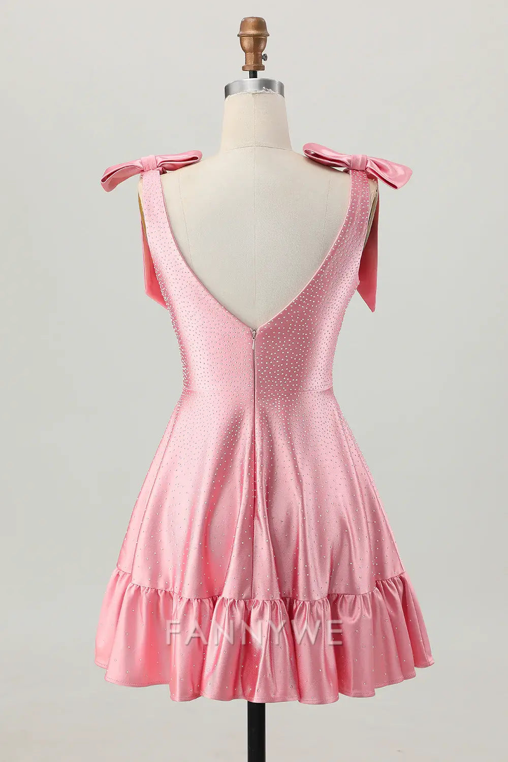 FannyWe Elegant Sparkly Blush Pink A Line Satin Short Beaded Homecoming Dress with Bow