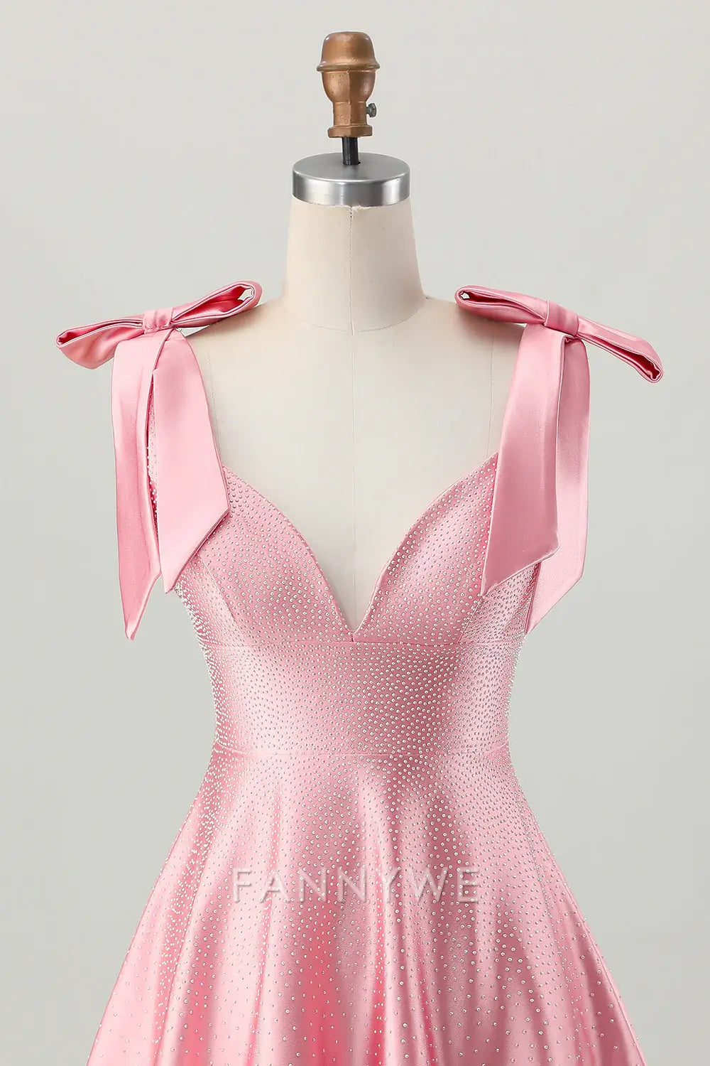 FannyWe Elegant Sparkly Blush Pink A Line Satin Short Beaded Homecoming Dress with Bow