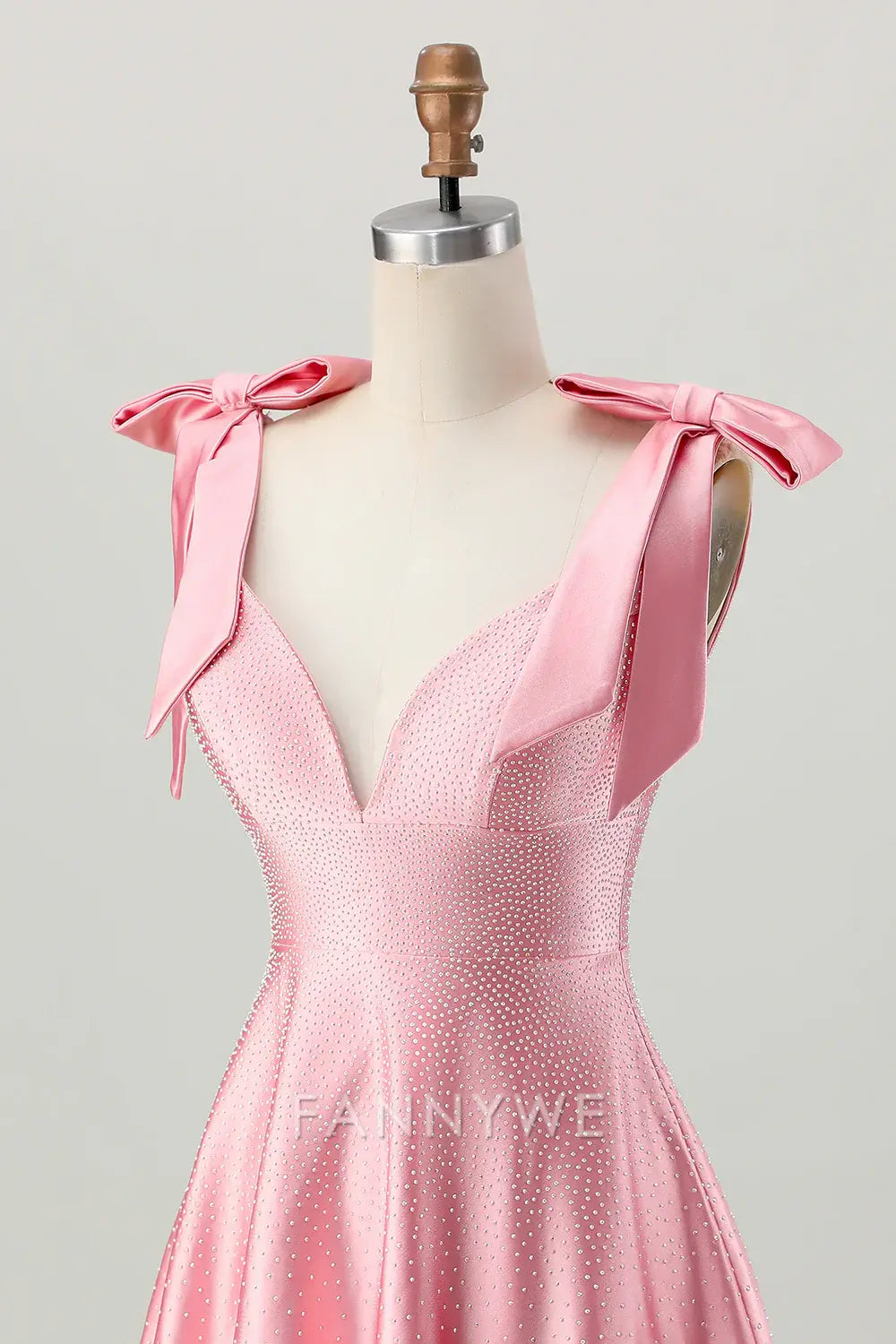 FannyWe Elegant Sparkly Blush Pink A Line Satin Short Beaded Homecoming Dress with Bow