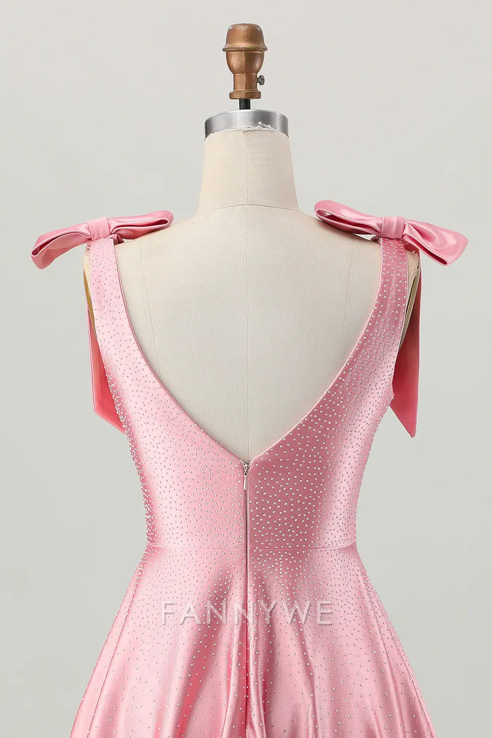 FannyWe Elegant Sparkly Blush Pink A Line Satin Short Beaded Homecoming Dress with Bow