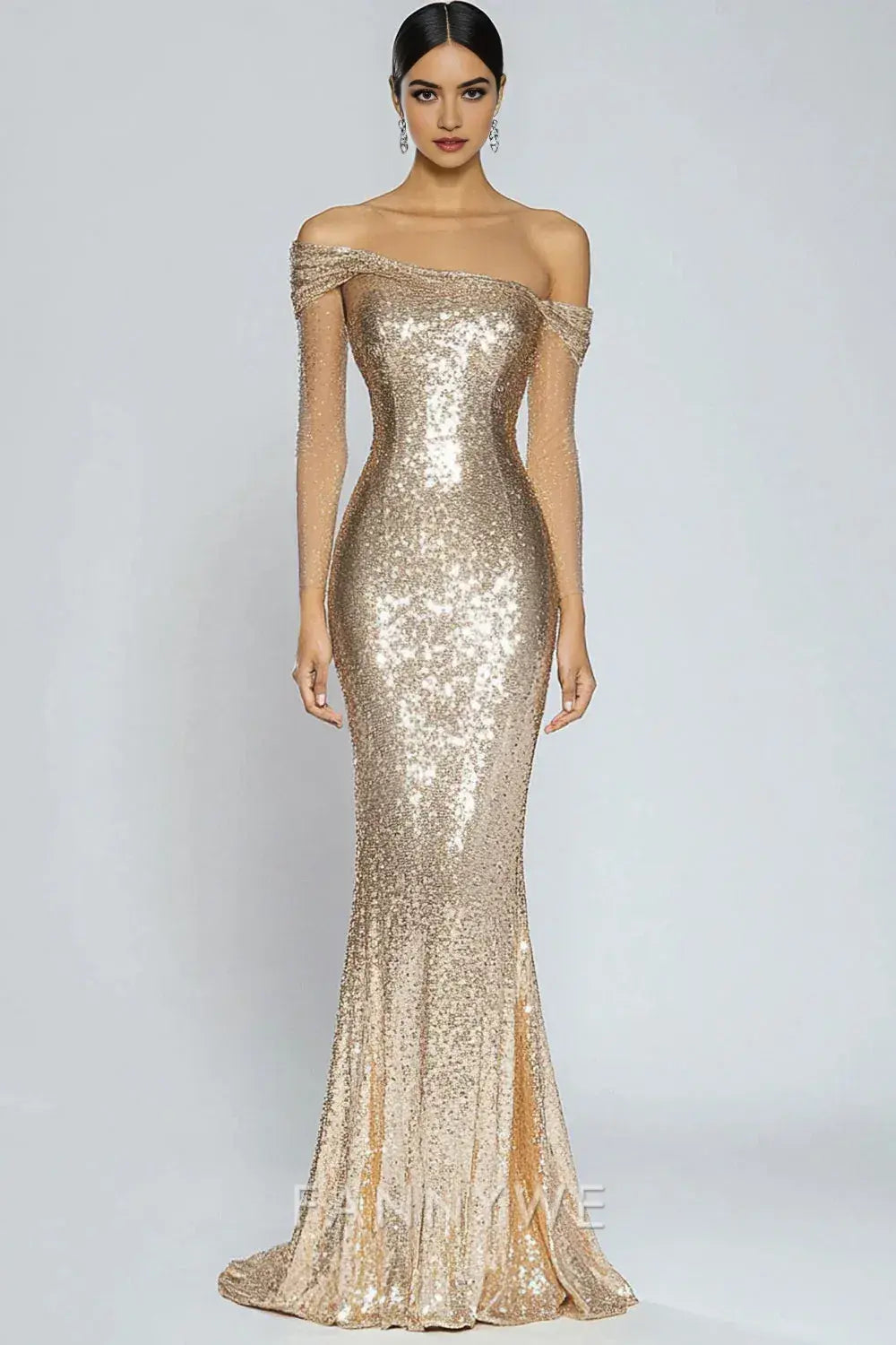 FannyWe Elegant Sparkly Champagne Mermaid Off the Shoulder Sequins Long Formal Dress formal wear dresses