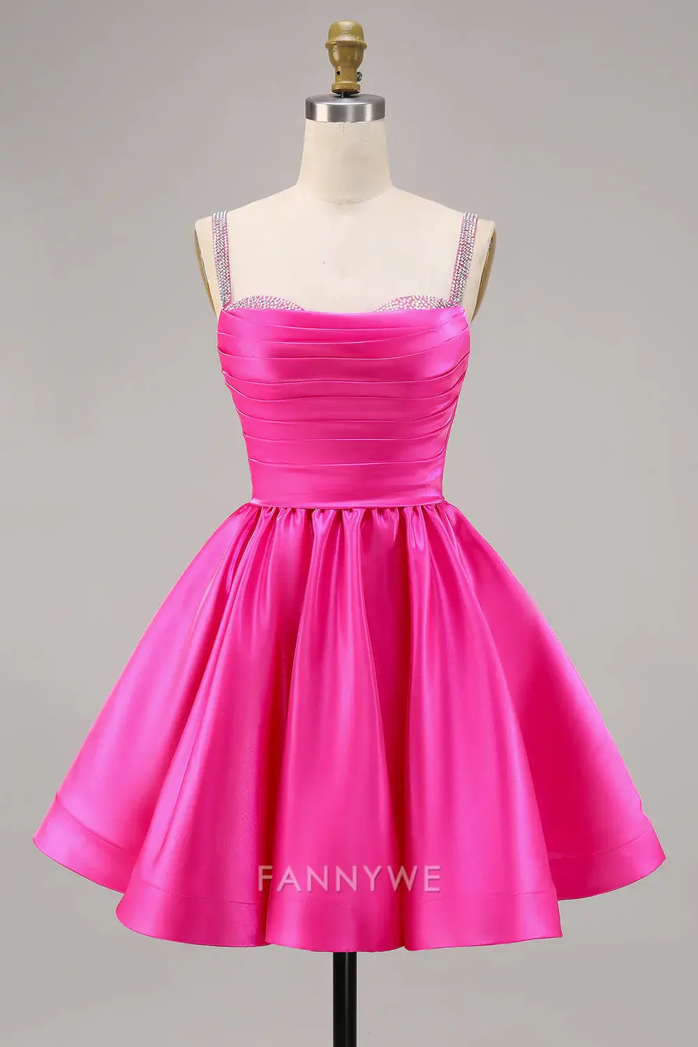 FannyWe Elegant Sparkly Fuchsia Ruched Satin Short Homecoming Dress with Beading hot sale