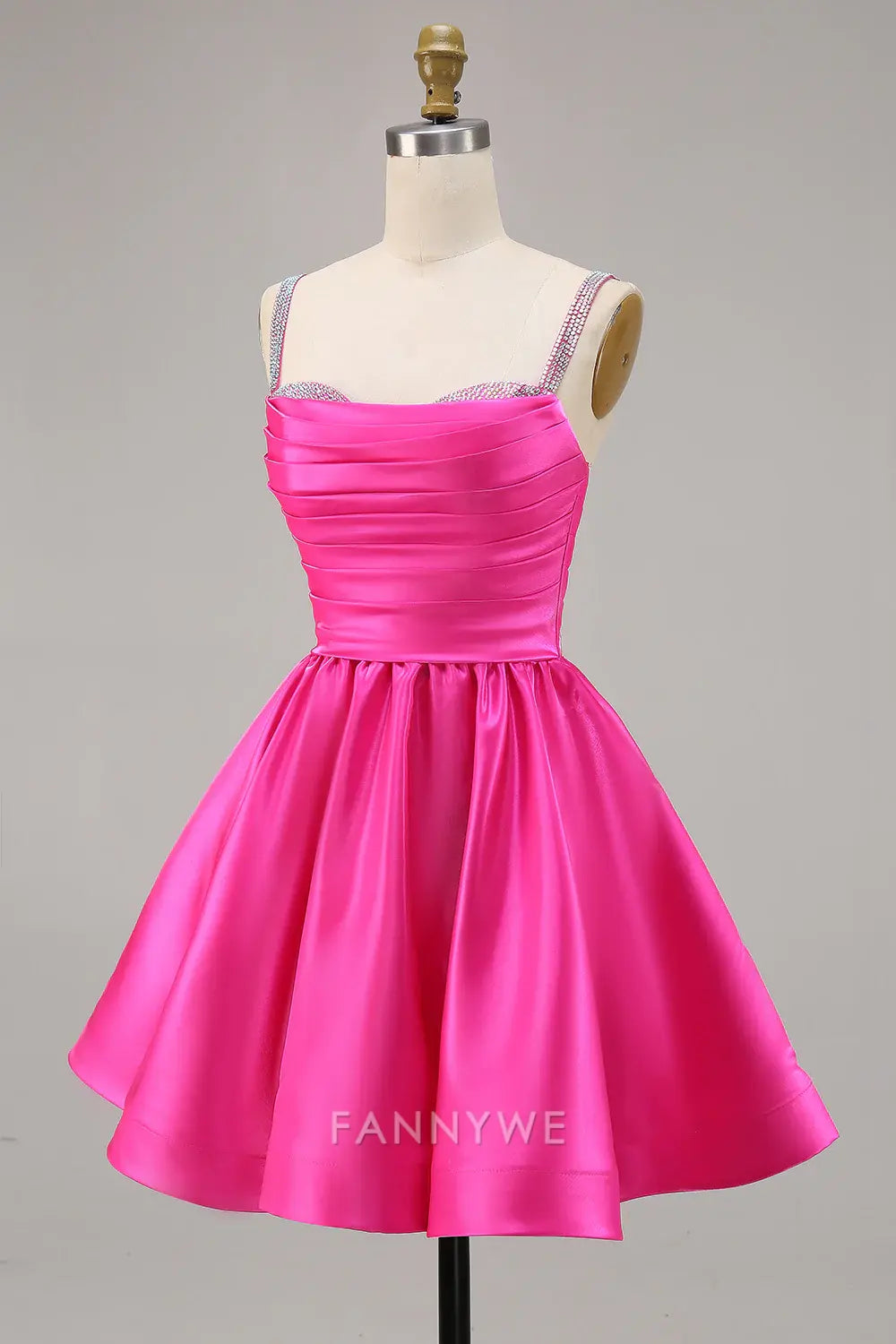 FannyWe Elegant Sparkly Fuchsia Ruched Satin Short Homecoming Dress with Beading hot sale
