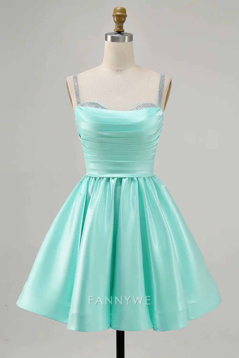 FannyWe Elegant Sparkly Mint Green Ruched Satin Short Homecoming Dress with Beading hot sale