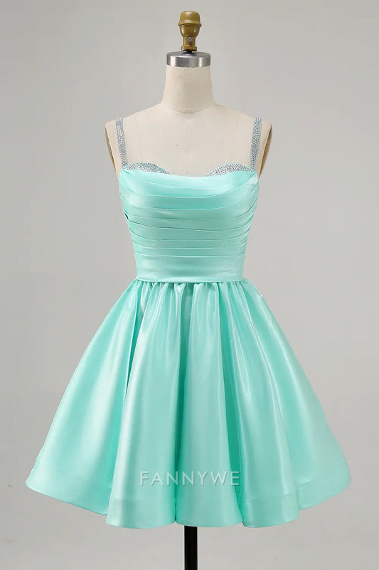 FannyWe Elegant Sparkly Mint Green Ruched Satin Short Homecoming Dress with Beading hot sale
