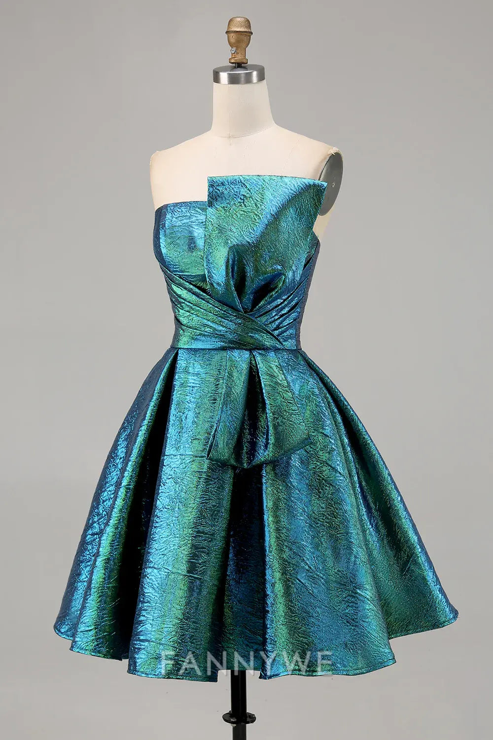 FannyWe Elegant Sparkly Peacock Green Metallic Strapless Short Homecoming Dress
