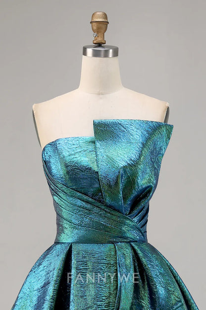 FannyWe Elegant Sparkly Peacock Green Metallic Strapless Short Homecoming Dress