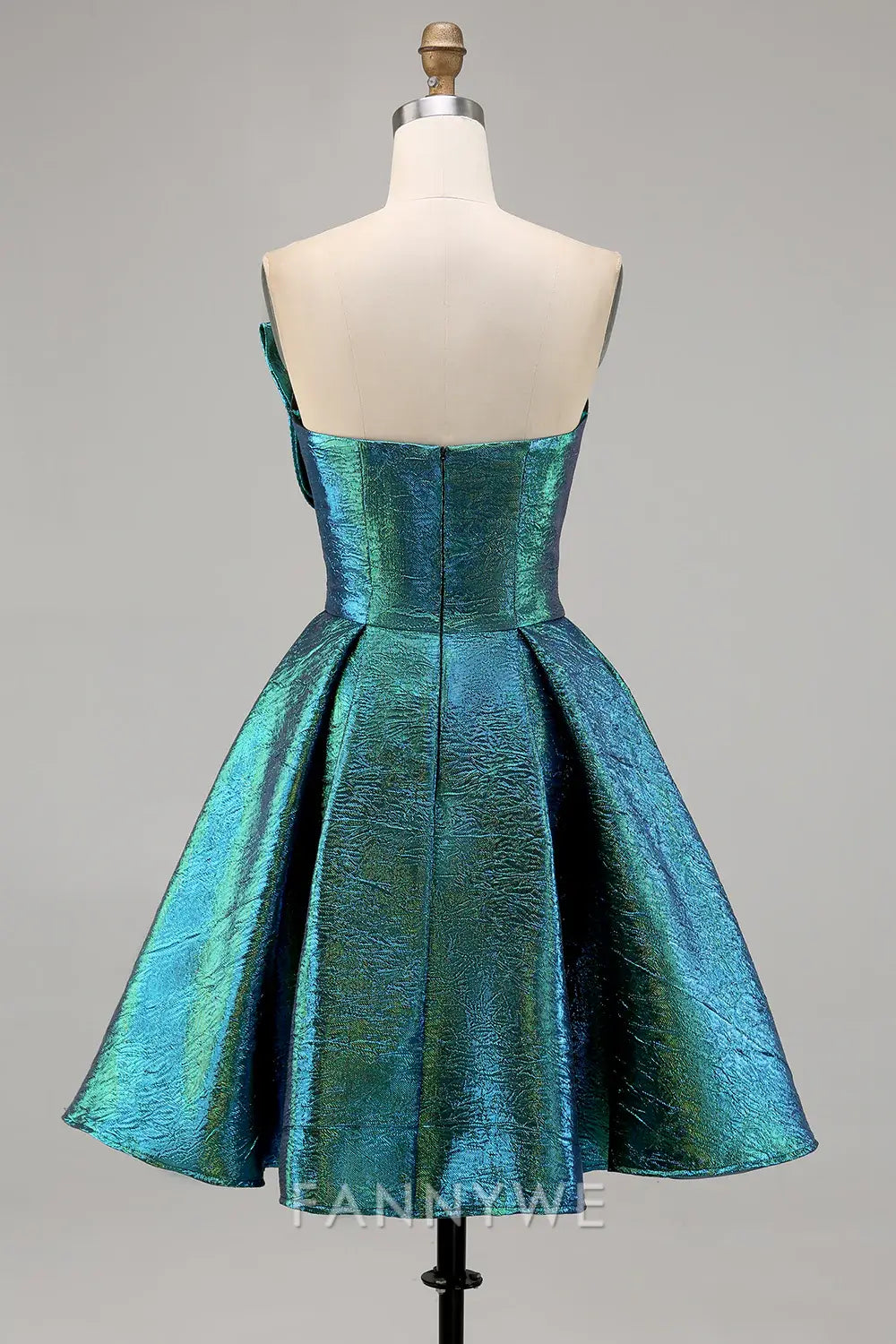 FannyWe Elegant Sparkly Peacock Green Metallic Strapless Short Homecoming Dress