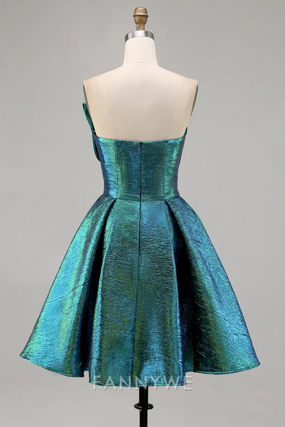 FannyWe Elegant Sparkly Peacock Green Metallic Strapless Short Homecoming Dress