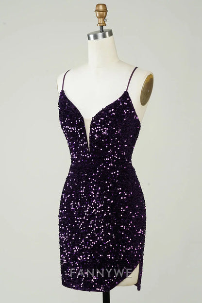 FannyWe Elegant Sparkly Purple Sequins Backless Tight Short Homecoming Dress with Slit formal wear dresses