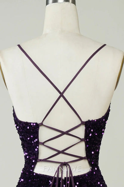 FannyWe Elegant Sparkly Purple Sequins Backless Tight Short Homecoming Dress with Slit formal wear dresses