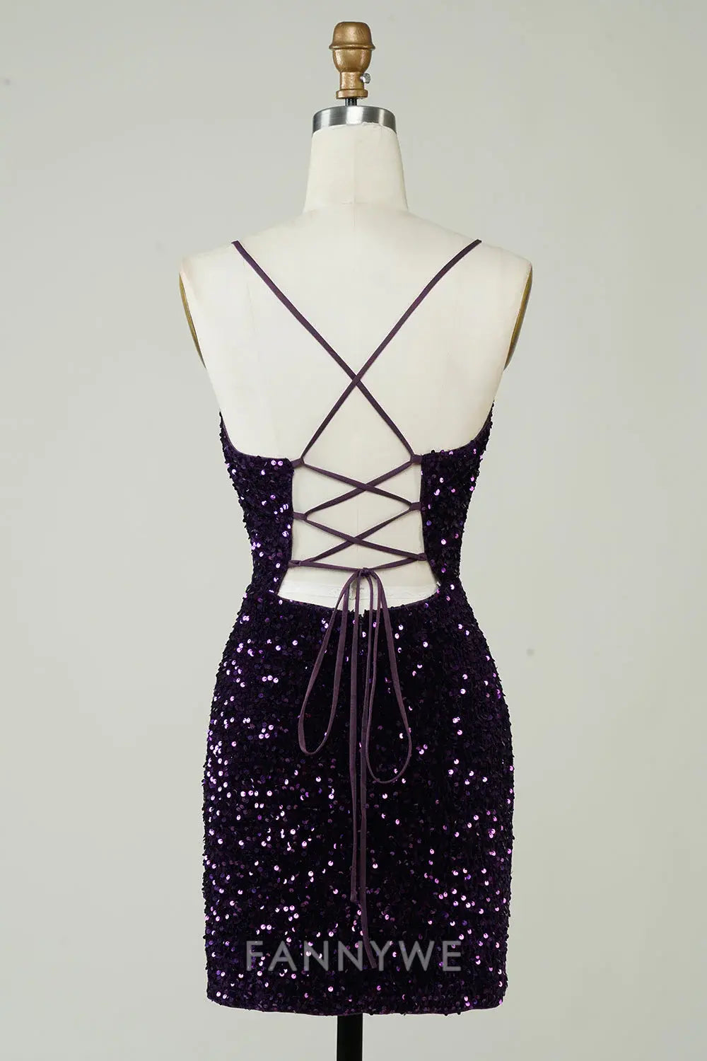 FannyWe Elegant Sparkly Purple Sequins Backless Tight Short Homecoming Dress with Slit formal wear dresses