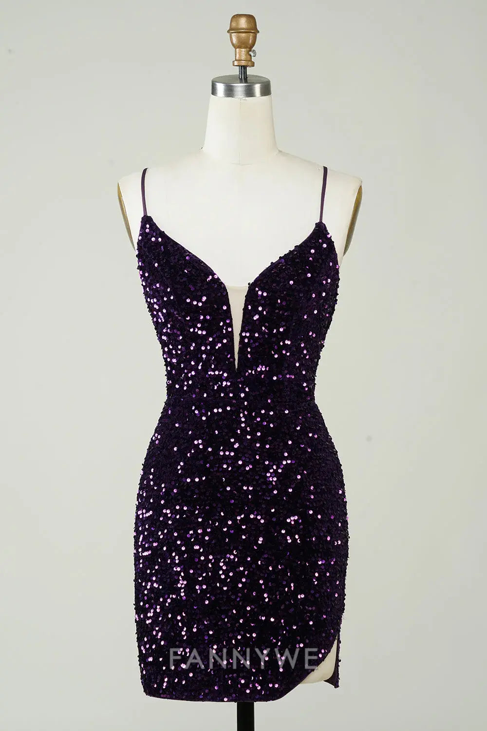 FannyWe Elegant Sparkly Purple Sequins Backless Tight Short Homecoming Dress with Slit formal wear dresses