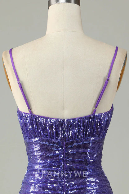 FannyWe Elegant Sparkly Purple Sequins Spaghetti Straps Tight Short Homecoming Dress formal wear dresses