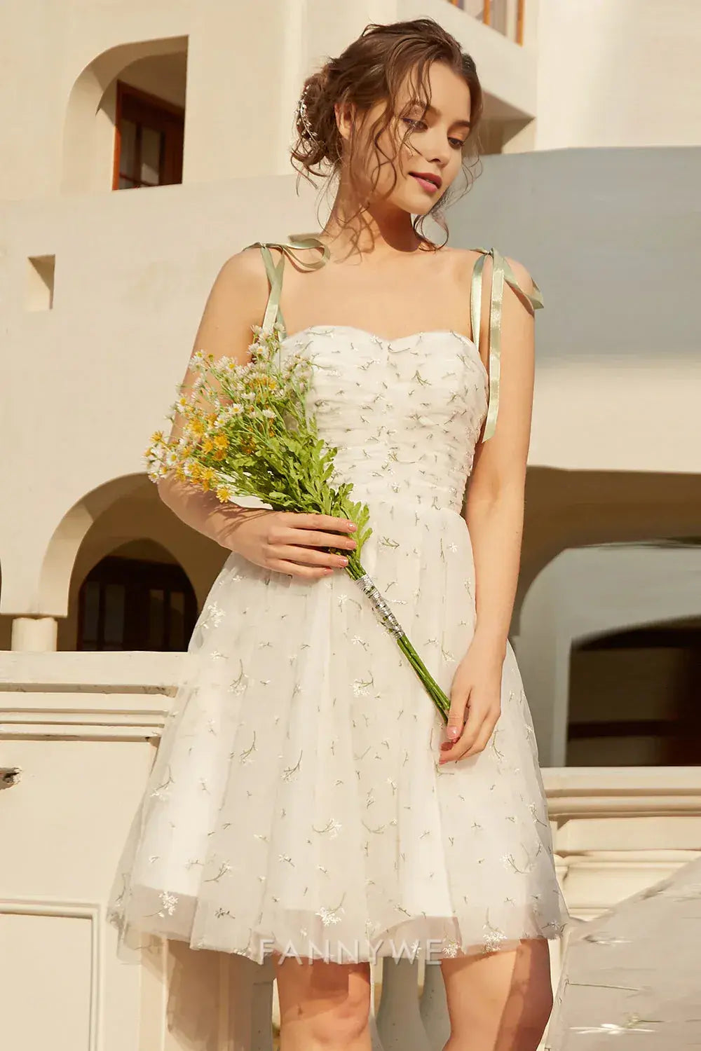 FannyWe Elegant Stylish Spaghetti Straps White Short Homecoming Dress with Embroidery hot sale