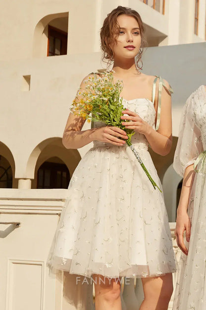 FannyWe Elegant Stylish Spaghetti Straps White Short Homecoming Dress with Embroidery hot sale