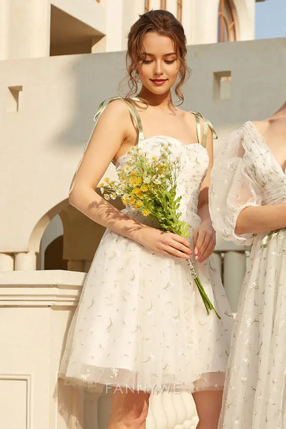 FannyWe Elegant Stylish Spaghetti Straps White Short Homecoming Dress with Embroidery hot sale