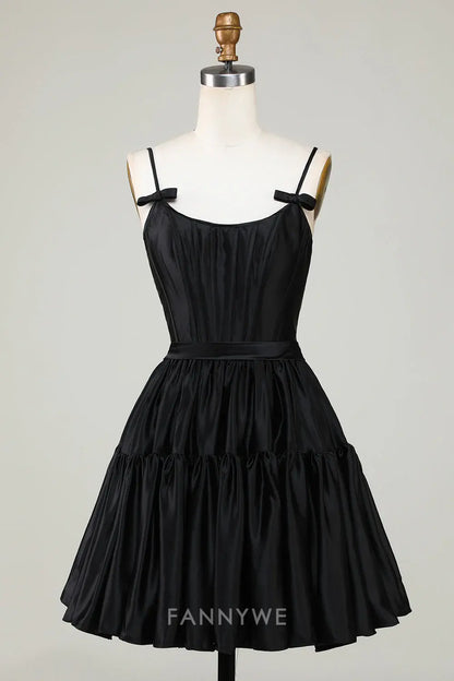 FannyWe Elegant Trendy A-Line Spaghetti Straps Black Short Homecoming Dresses hot sale