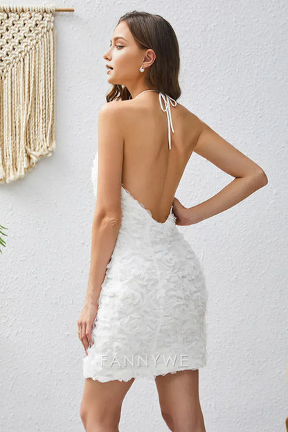 FannyWe Elegant White Halter Bodycon Short Homecoming Dress with Lace hot sale