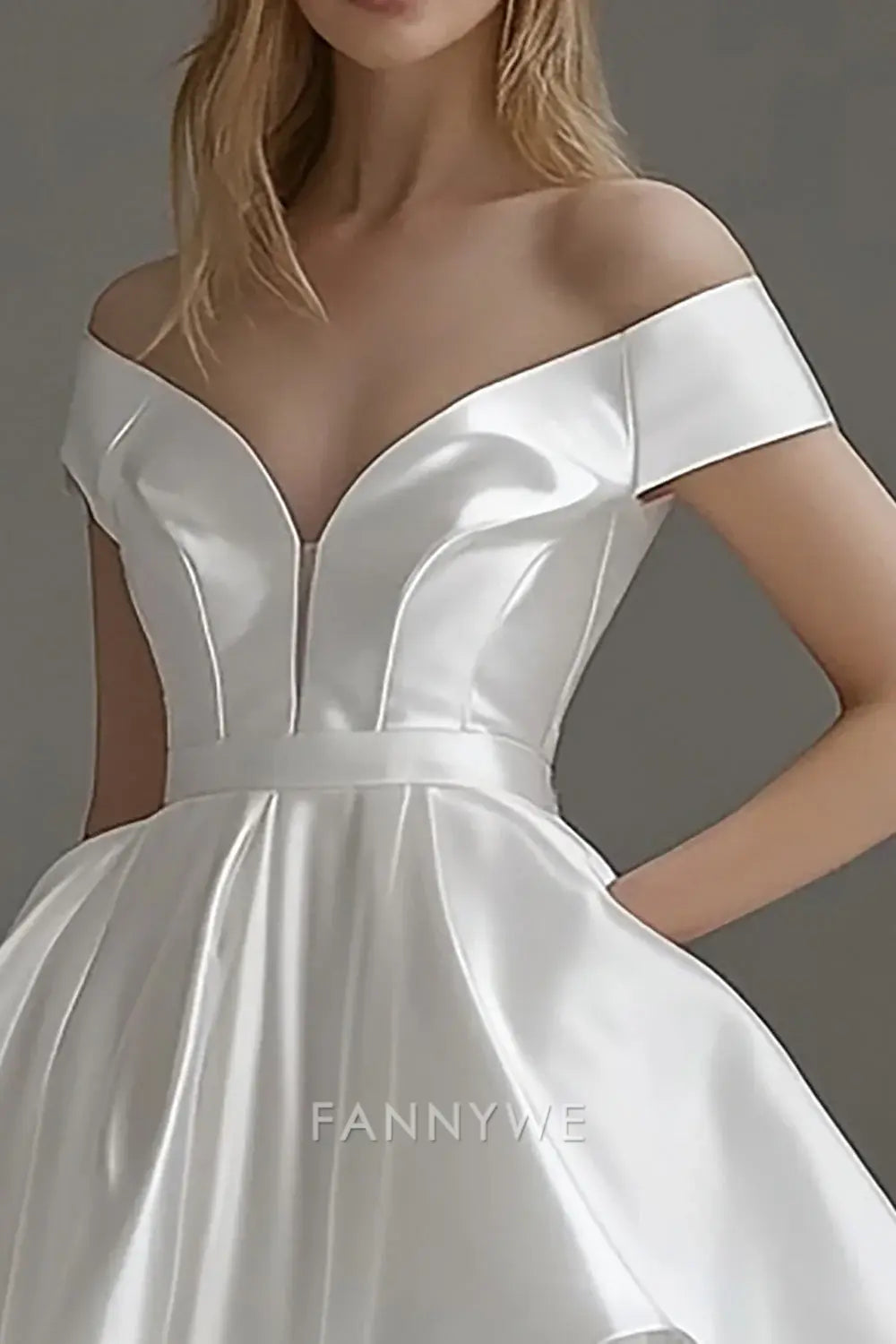 FannyWe Elegante Mini Vestido Blanco de Satén con Hombros Descubiertos, Corte A, Vestido Corto de Graduación 