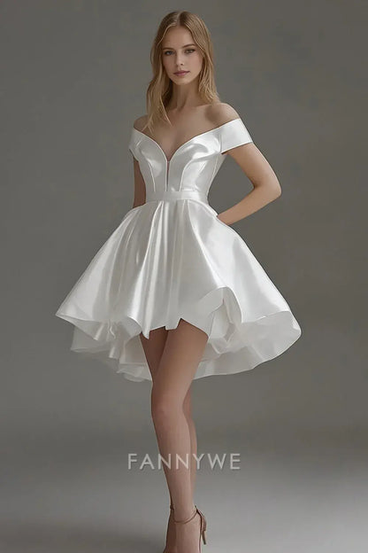 FannyWe Elegante Mini Vestido Blanco de Satén con Hombros Descubiertos, Corte A, Vestido Corto de Graduación 