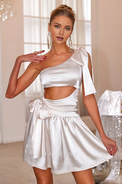 FannyWe Elegant White One Shoulder Hollow Out Short Homecoming Dress hot sale