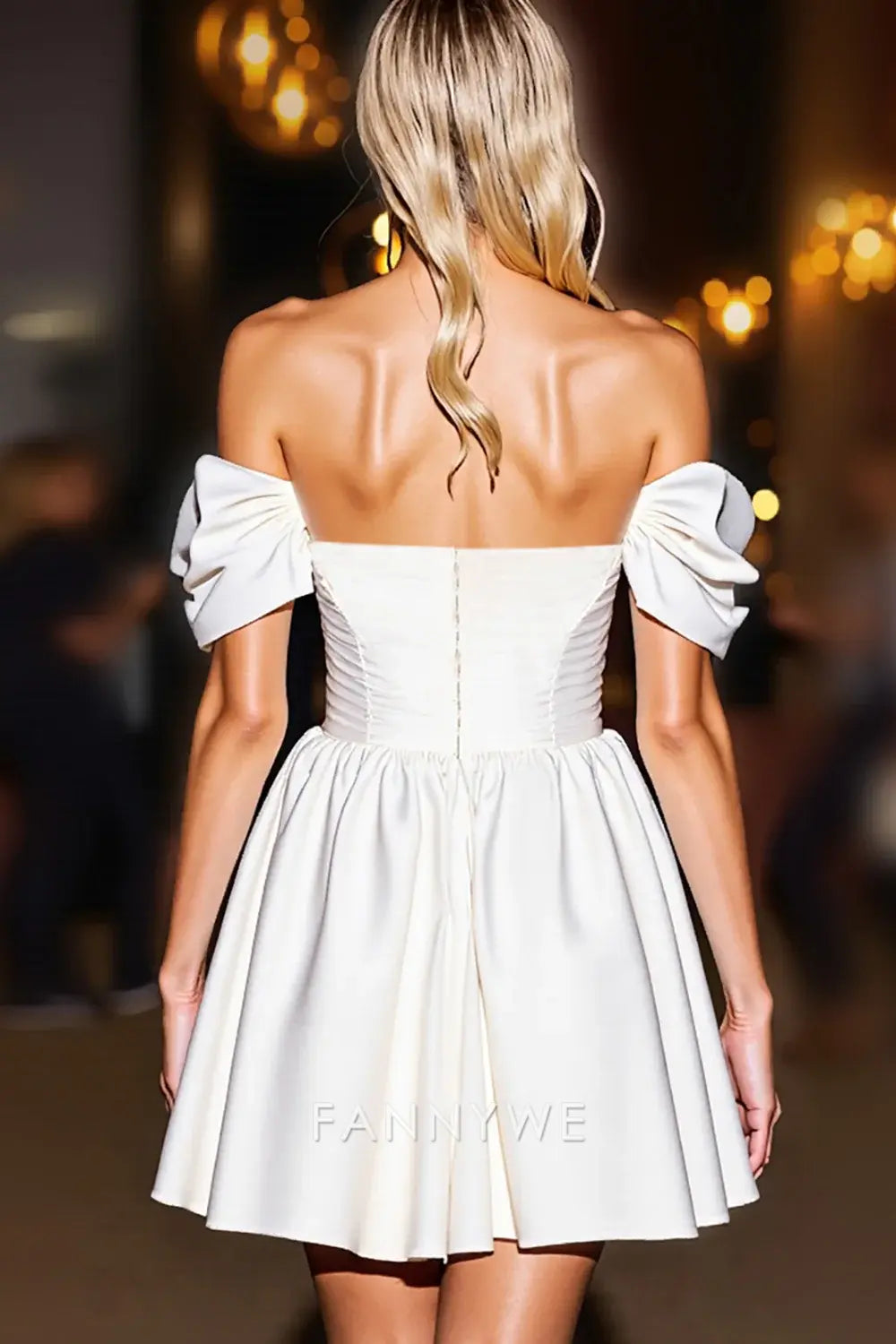 FannyWe Elegant White Satin A Line Off the Shoulder Short Homecoming Dress with Ruffles
