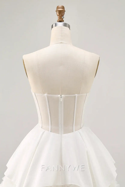 FannyWe Elegant White Strapless Tiered Short Corset Homecoming Dress with Ruffles formal wear dresses