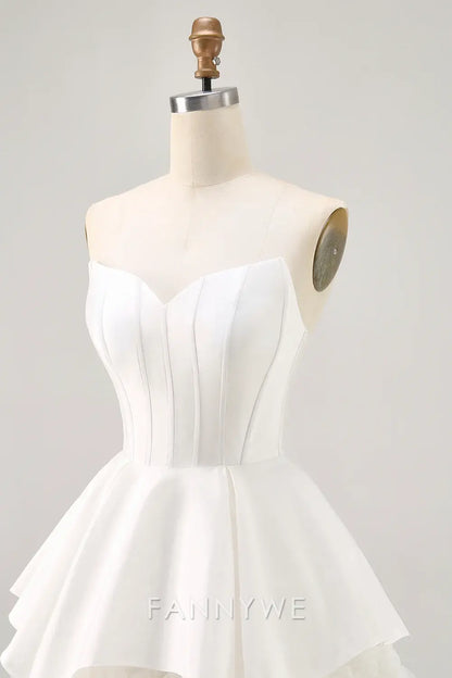 FannyWe Elegant White Strapless Tiered Short Corset Homecoming Dress with Ruffles formal wear dresses