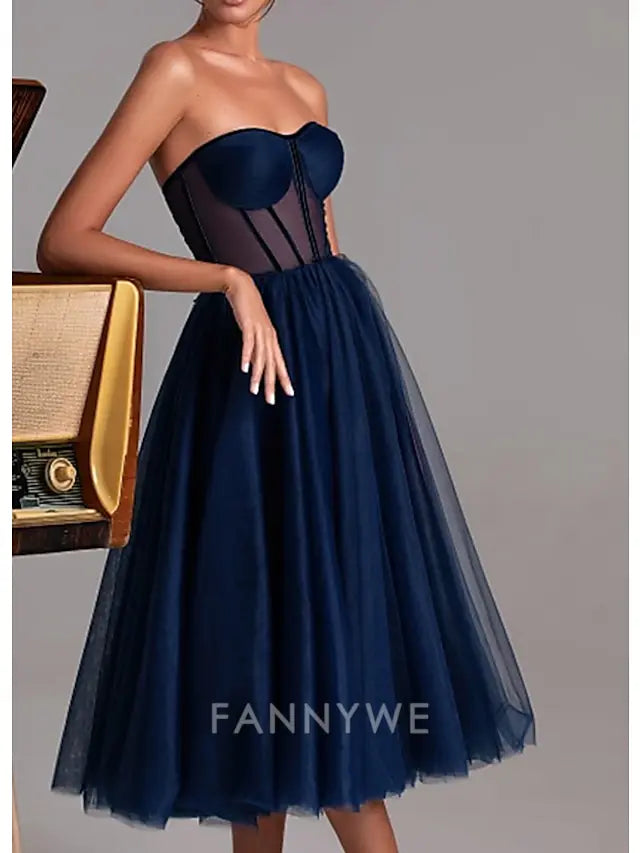 FannyWe Simple A-Line Cocktail Black Dress Party Dress Cocktail Party Prom Tea Length Sleeveless Sweetheart Fall Wedding Guest Tulle with Pleats dress to impress Dresses