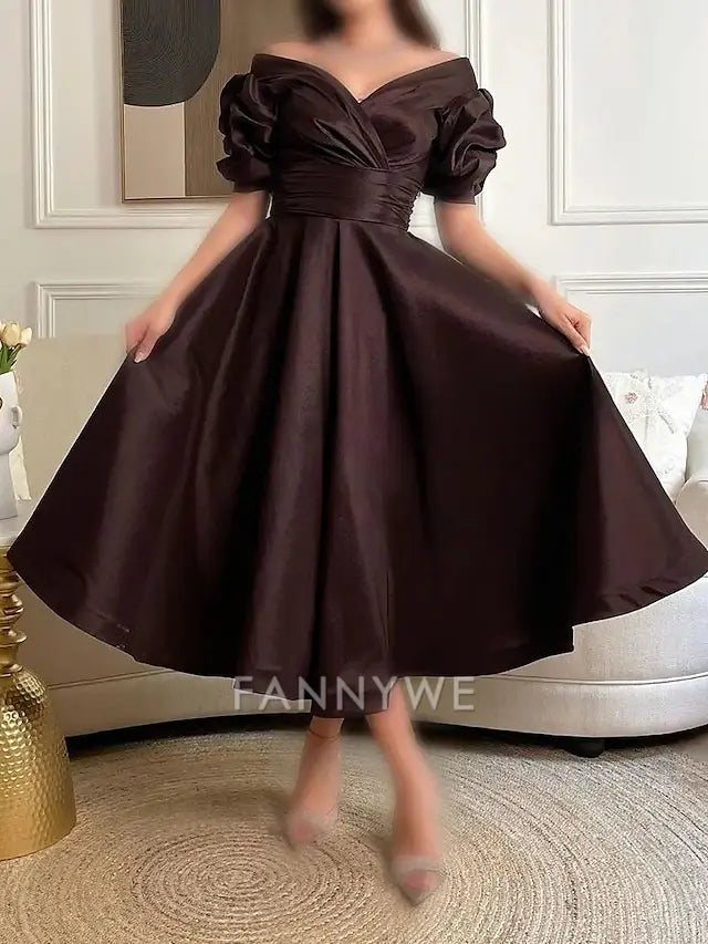 FannyWe Simple A-Line Cocktail Dresses Elegant Dress Formal Prom Tea Length Short Sleeve Sweetheart Satin with Ruched Dresses