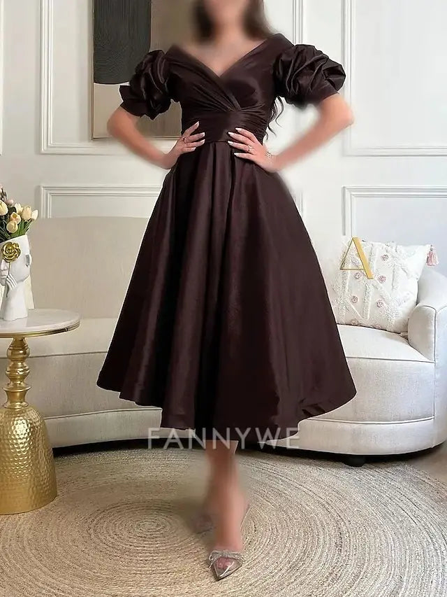 FannyWe Simple A-Line Cocktail Dresses Elegant Dress Formal Prom Tea Length Short Sleeve Sweetheart Satin with Ruched Dresses