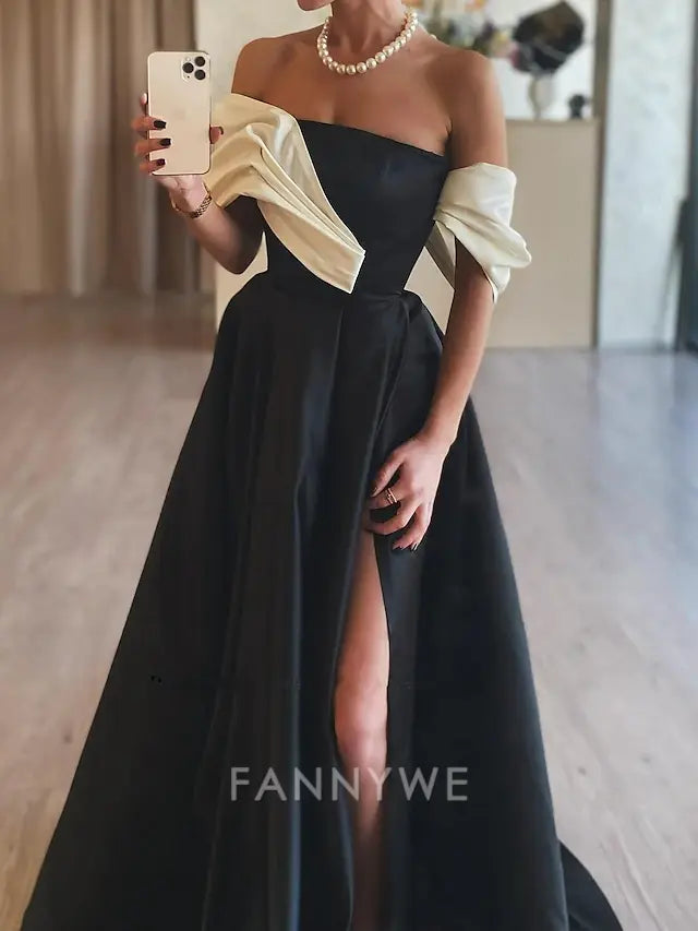 FannyWe Simple A-Line Evening Gown Elegant Dress Formal Prom Floor Length Sleeveless Off Shoulder Satin with Ruched Slit