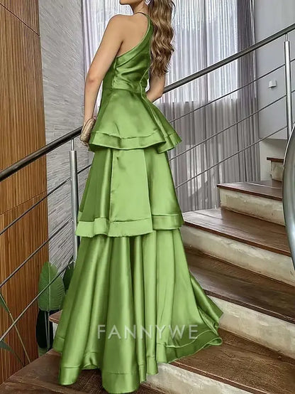 FannyWe Simple A-Line Evening Gown Elegant Tiered Dress Formal Wedding Floor Length Sleeveless Halter Neck Satin