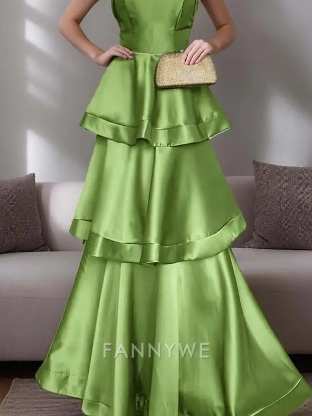 FannyWe Simple A-Line Evening Gown Elegant Tiered Dress Formal Wedding Floor Length Sleeveless Halter Neck Satin