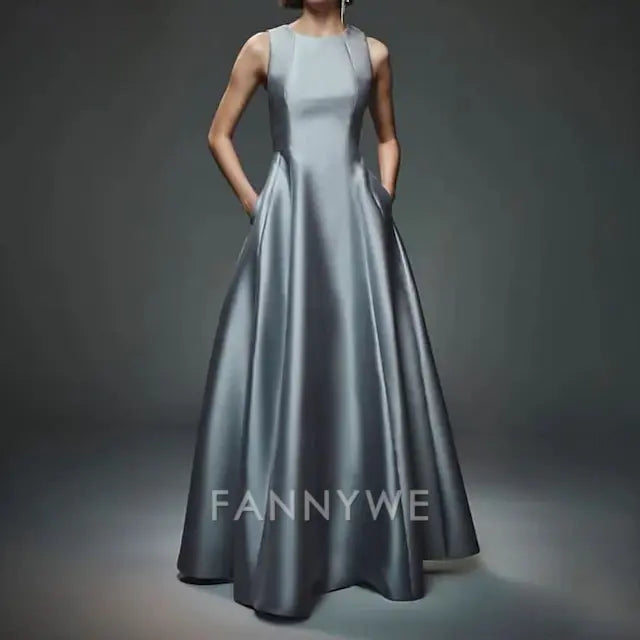 FannyWe Simple A-Line Evening Gown Party Dress Evening Party Prom Floor Length Sleeveless Crew Neck Cotton Backless with Criss Cross
