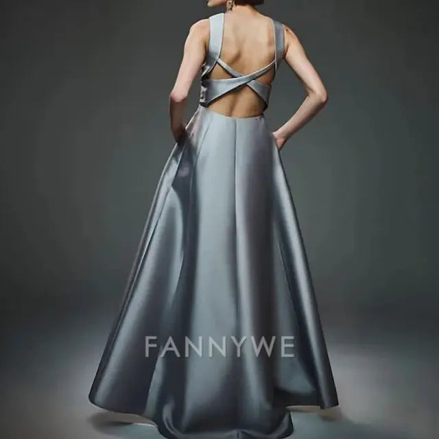 FannyWe Simple A-Line Evening Gown Party Dress Evening Party Prom Floor Length Sleeveless Crew Neck Cotton Backless with Criss Cross