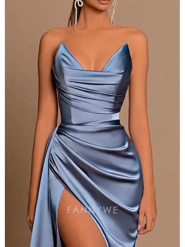 FannyWe Simple A-Line Evening Gown Party Dress Wedding Guest Prom Sweep / Brush Train Sleeveless V Neck Bridesmaid Dress Charmeuse Backless with Pleats Ruched Slit Masquerade Dress