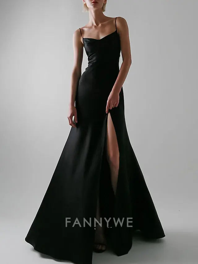 FannyWe Simple A-Line Evening Gown Sexy Dress Wedding Guest Prom Floor Length Sleeveless Spaghetti Strap Satin with Slit Pure Color