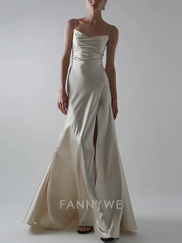 FannyWe Simple A-Line Evening Gown Sexy Dress Wedding Guest Prom Floor Length Sleeveless Spaghetti Strap Satin with Slit Pure Color