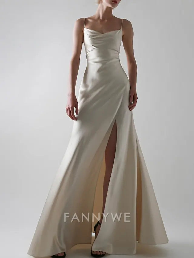 FannyWe Simple A-Line Evening Gown Sexy Dress Wedding Guest Prom Floor Length Sleeveless Spaghetti Strap Satin with Slit Pure Color