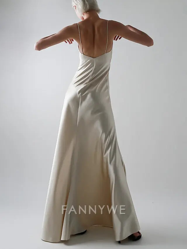 FannyWe Simple A-Line Evening Gown Sexy Dress Wedding Guest Prom Floor Length Sleeveless Spaghetti Strap Satin with Slit Pure Color