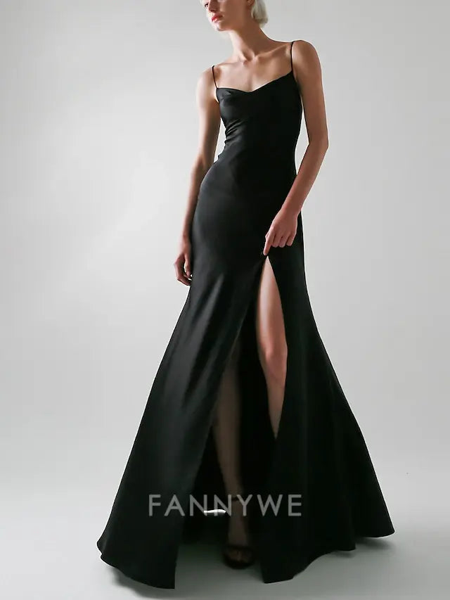 FannyWe Simple A-Line Evening Gown Sexy Dress Wedding Guest Prom Floor Length Sleeveless Spaghetti Strap Satin with Slit Pure Color