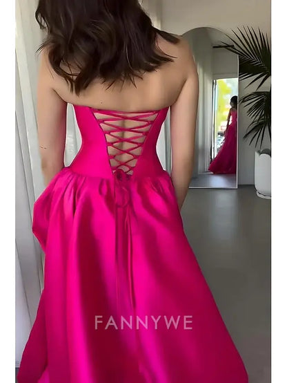 FannyWe Simple  A-Line Hot Pink Prom Drop Waist Dresses Elegant Corset Dress Formal Evening Party Floor Length Sleeveless Off Shoulder Satin with Ruched