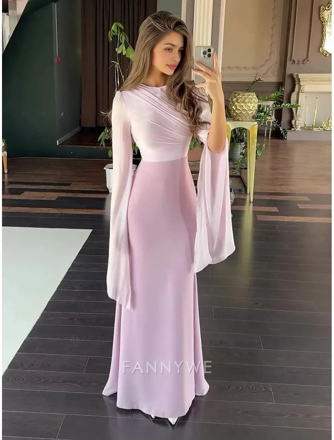 FannyWe Simple A-Line Party Dresses Elegant Dress Formal Wedding Floor Length Long Sleeve Crew Neck Satin with Embroidery